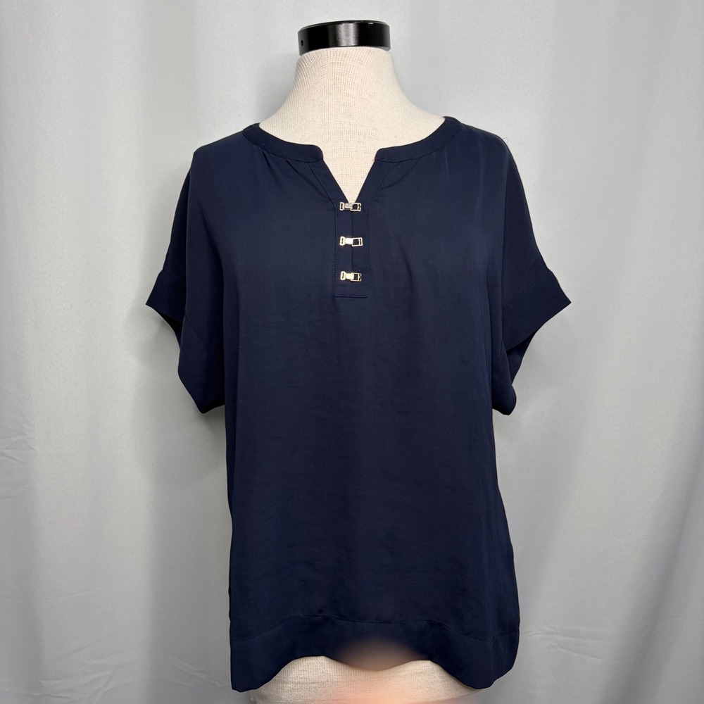 Banana Republic Navy Blue Short Sleeve Blouse Gold Hardware Size Large Career